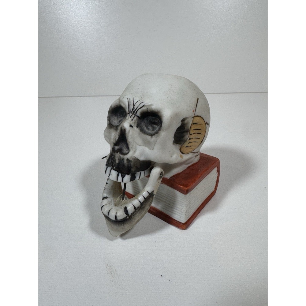 Vintage Japan Skull on Book Nodder Jaw Match Holder Bisque 3.5" Halloween